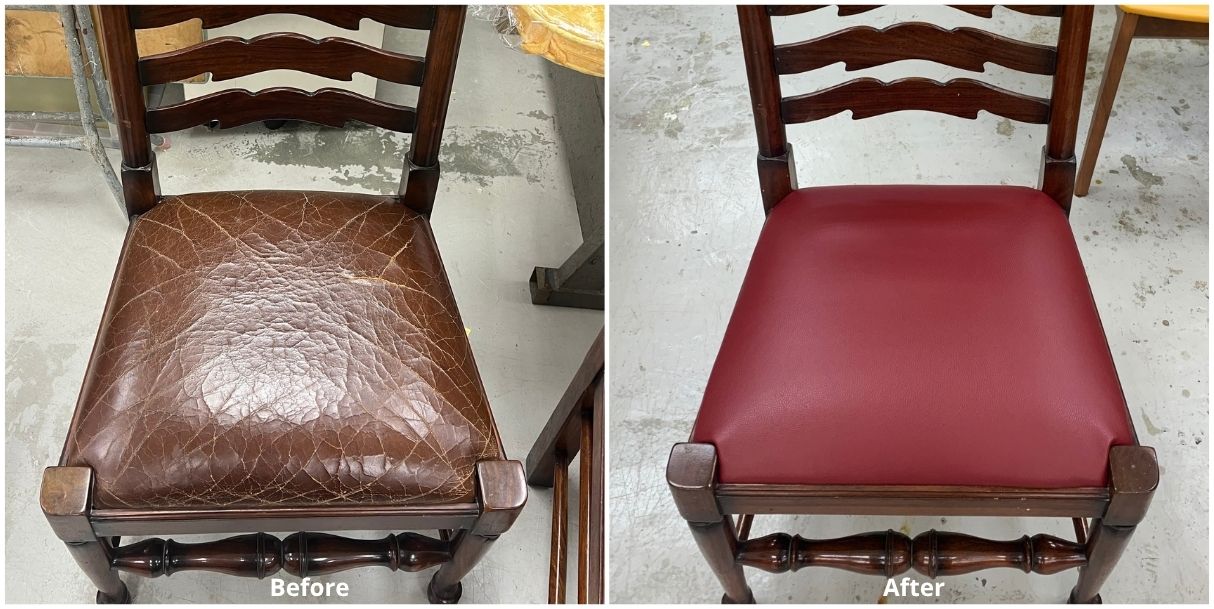 Chair seat re-covered in faux leather before and after - Furniture Clinic Hong Kong